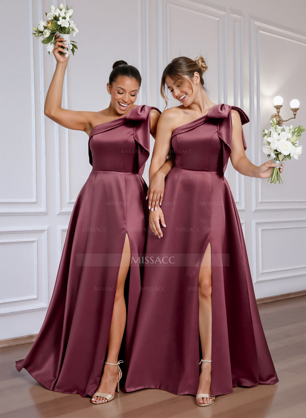 A-Line One-Shoulder Floor-Length Stretch Satin Bridesmaid Dresses With Bow(s)/High Split