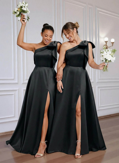 A-Line One-Shoulder Floor-Length Satin Bridesmaid Dresses With Bow(s)/High Split