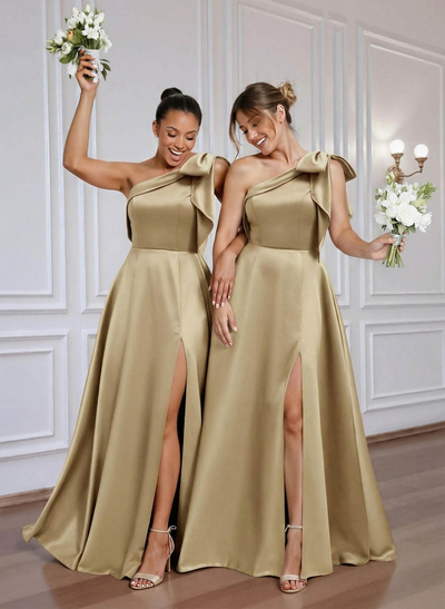A-Line One-Shoulder Floor-Length Satin Bridesmaid Dresses With Bow(s)/High Split