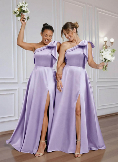 A-Line One-Shoulder Floor-Length Satin Bridesmaid Dresses With Bow(s)/High Split