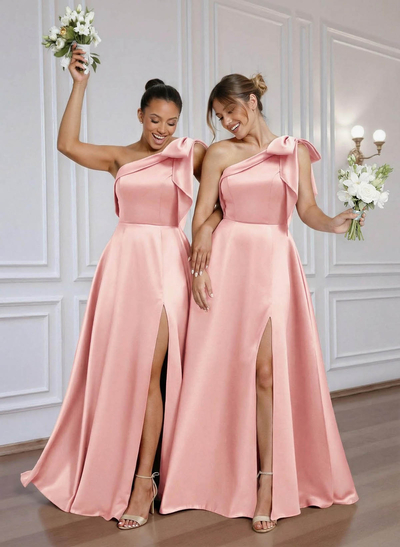 A-Line One-Shoulder Floor-Length Satin Bridesmaid Dresses With Bow(s)/High Split