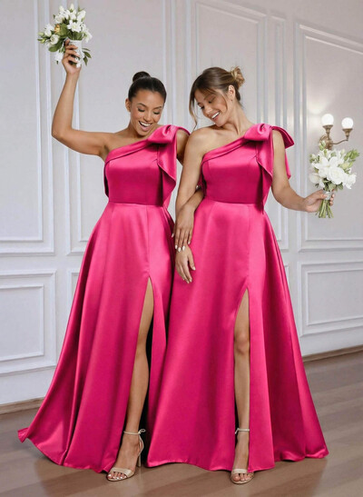 A-Line One-Shoulder Floor-Length Satin Bridesmaid Dresses With Bow(s)/High Split