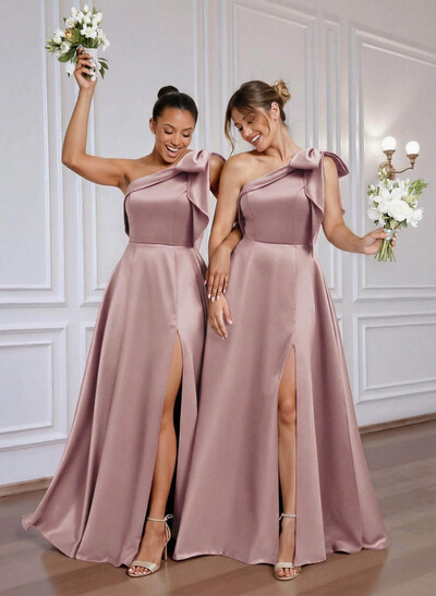 A-Line One-Shoulder Floor-Length Satin Bridesmaid Dresses With Bow(s)/High Split