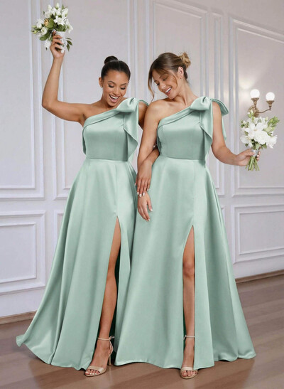 A-Line One-Shoulder Floor-Length Satin Bridesmaid Dresses With Bow(s)/High Split