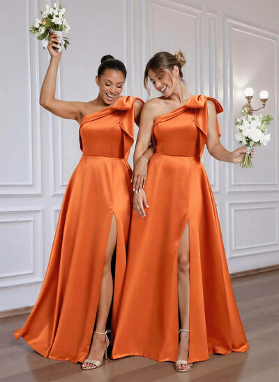 A-Line One-Shoulder Floor-Length Satin Bridesmaid Dresses With Bow(s)/High Split