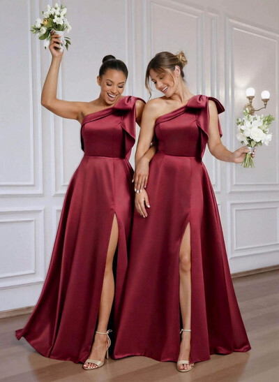 A-Line One-Shoulder Floor-Length Satin Bridesmaid Dresses With Bow(s)/High Split