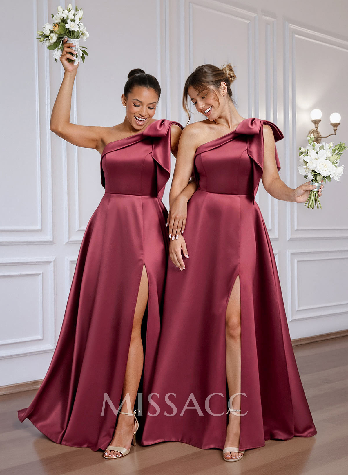A-Line One-Shoulder Floor-Length Satin Bridesmaid Dresses With Bow(s)/High Split A-Line One-Shoulder Floor-Length Satin Bridesmaid Dresses With Bow(s)/High Split