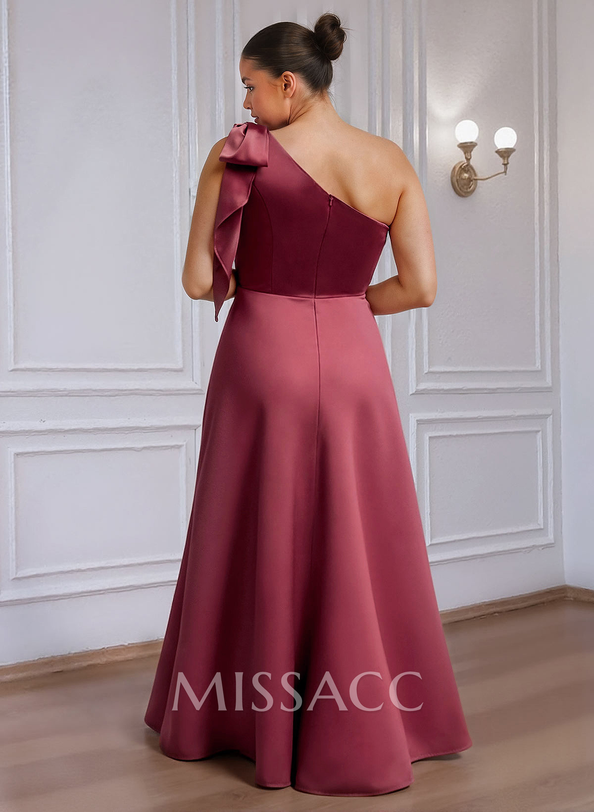 A-Line One-Shoulder Floor-Length Satin Bridesmaid Dresses With Bow(s)/High Split A-Line One-Shoulder Floor-Length Satin Bridesmaid Dresses With Bow(s)/High Split