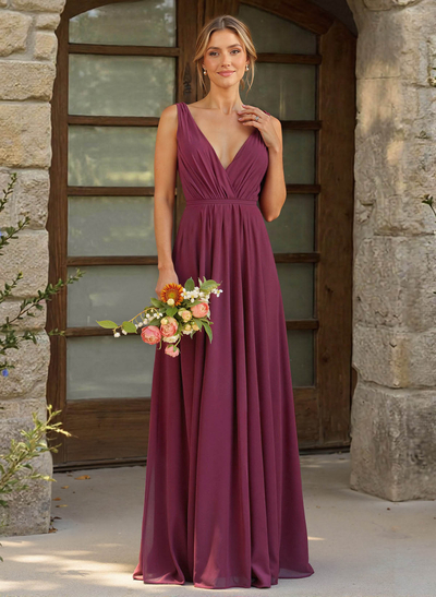 A-Line Plunge Neck Sleeveless Floor-Length Chiffon Bridesmaid Dresses