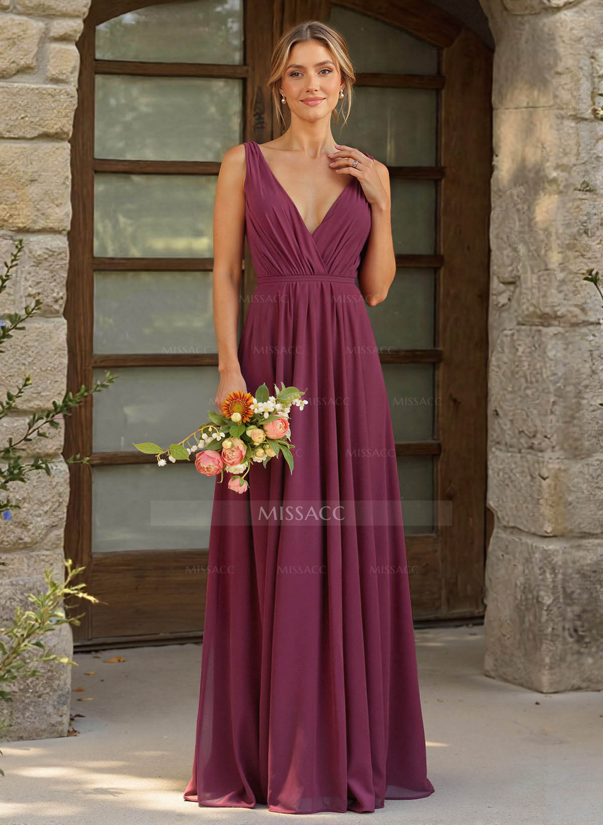 A-Line Plunge Neck Sleeveless Floor-Length Chiffon Bridesmaid Dresses