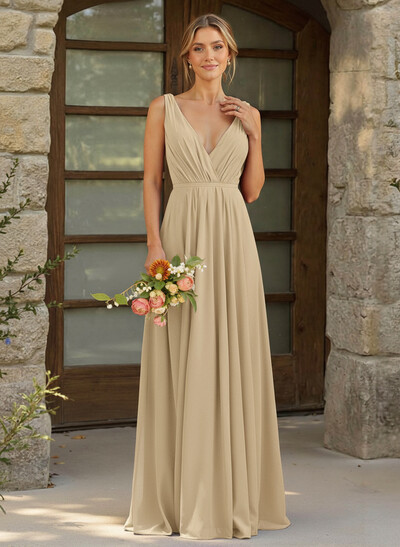 A-Line Plunge Neck Sleeveless Floor-Length Chiffon Bridesmaid Dresses