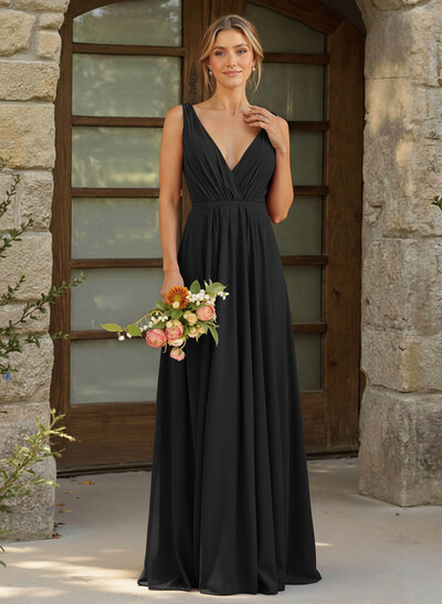 A-Line Plunge Neck Sleeveless Floor-Length Chiffon Bridesmaid Dresses