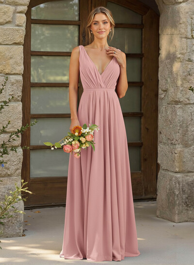 A-Line Plunge Neck Sleeveless Floor-Length Chiffon Bridesmaid Dresses