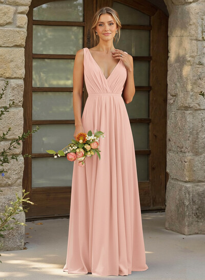 A-Line Plunge Neck Sleeveless Floor-Length Chiffon Bridesmaid Dresses