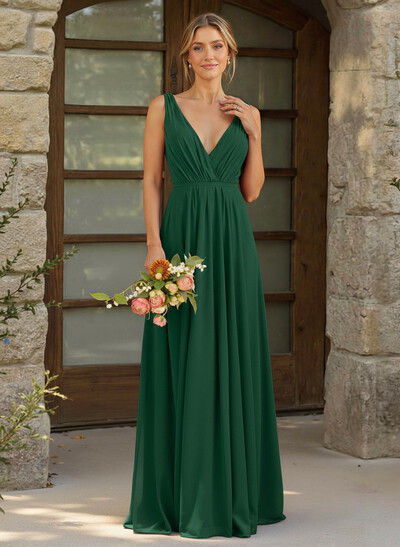 A-Line Plunge Neck Sleeveless Floor-Length Chiffon Bridesmaid Dresses