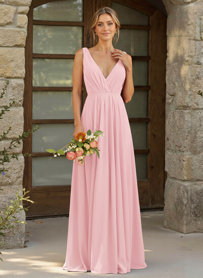 A-Line Plunge Neck Sleeveless Floor-Length Chiffon Bridesmaid Dresses
