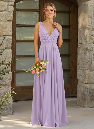 A-Line Plunge Neck Sleeveless Floor-Length Chiffon Bridesmaid Dresses