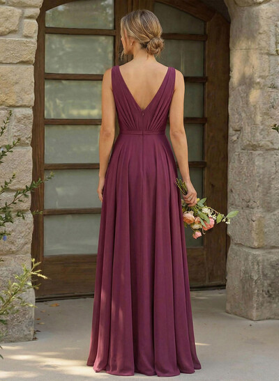 A-Line Plunge Neck Sleeveless Floor-Length Chiffon Bridesmaid Dresses