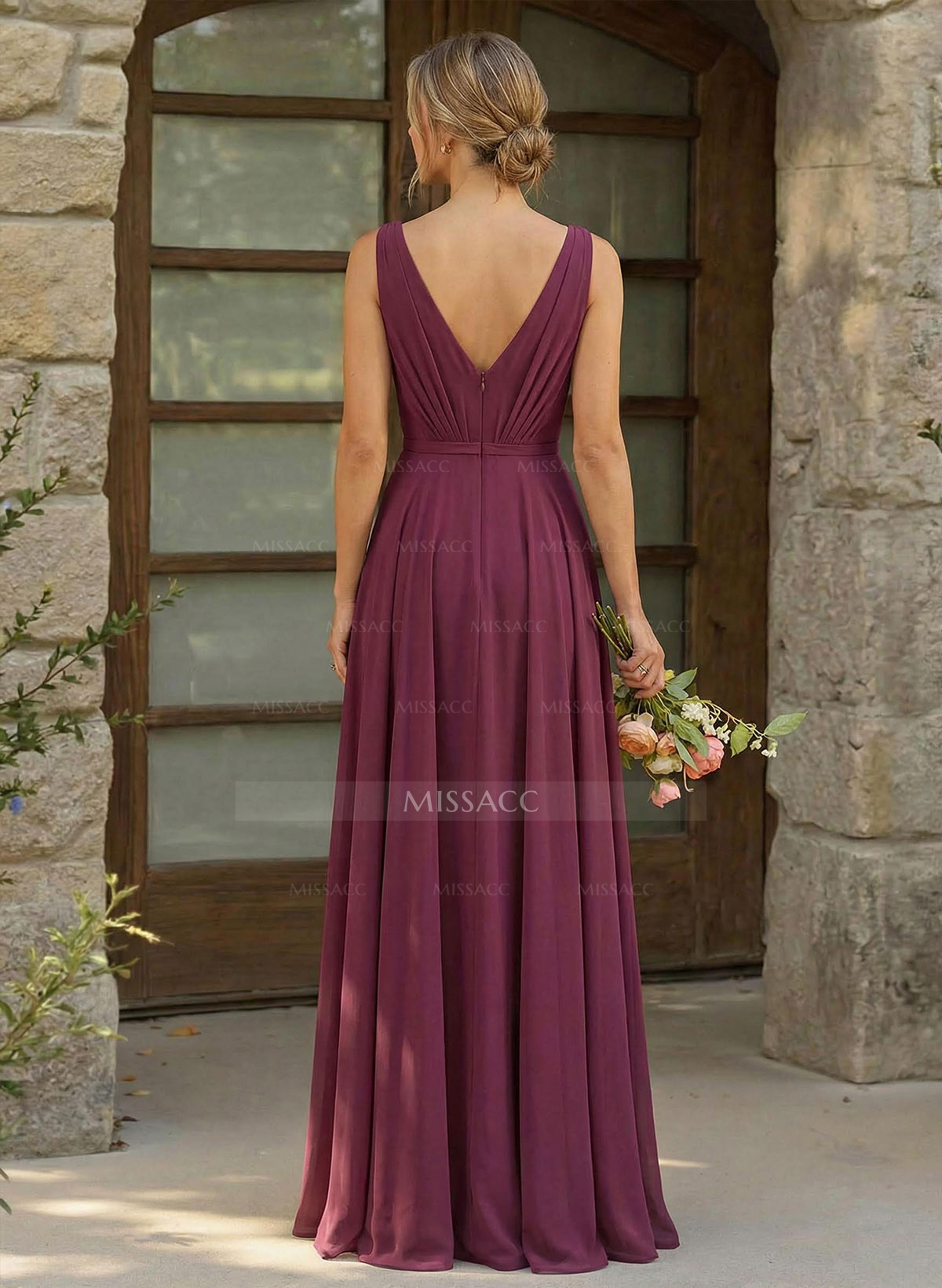 A-Line Plunge Neck Sleeveless Floor-Length Chiffon Bridesmaid Dresses