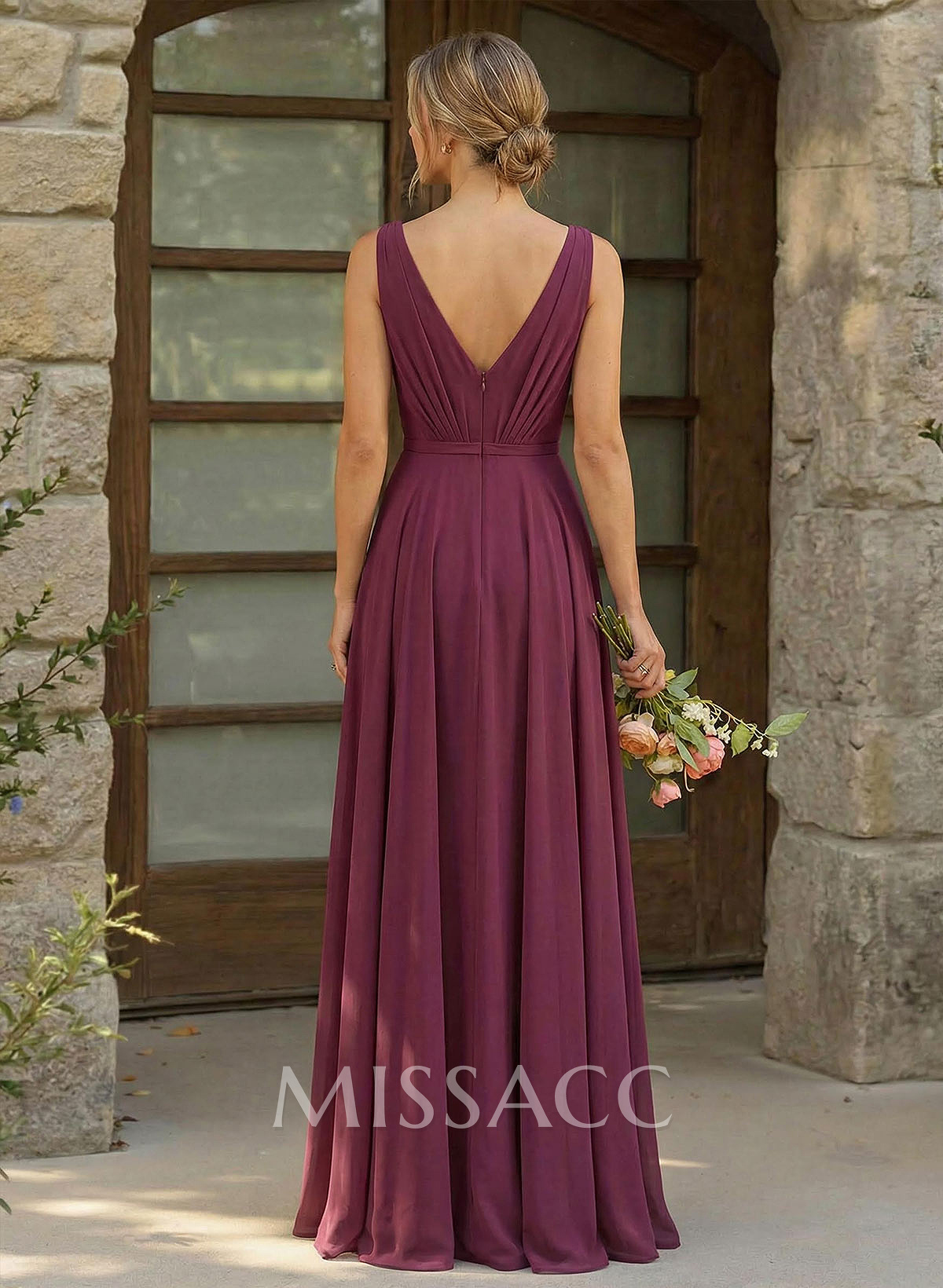 A-Line Plunge Neck Sleeveless Floor-Length Chiffon Bridesmaid Dresses A-Line Plunge Neck Sleeveless Floor-Length Chiffon Bridesmaid Dresses