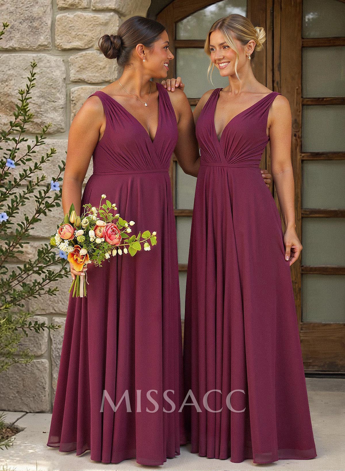 A-Line Plunge Neck Sleeveless Floor-Length Chiffon Bridesmaid Dresses A-Line Plunge Neck Sleeveless Floor-Length Chiffon Bridesmaid Dresses