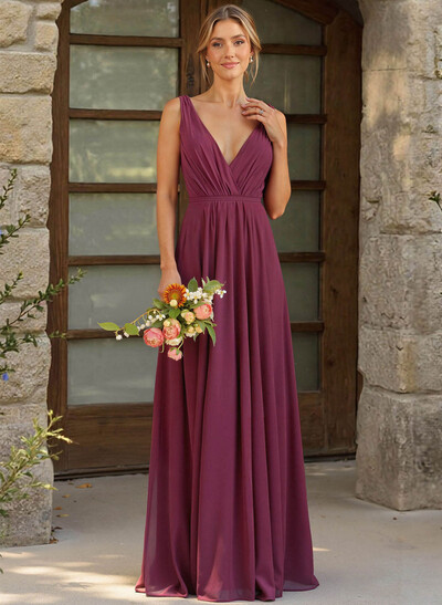 A-Line Plunge Neck Sleeveless Floor-Length Chiffon Bridesmaid Dresses