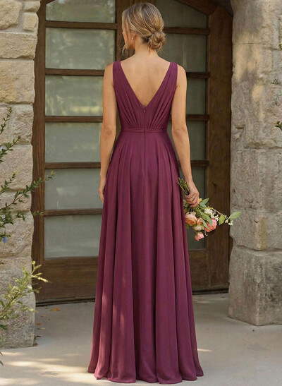 A-Line Plunge Neck Sleeveless Floor-Length Chiffon Bridesmaid Dresses