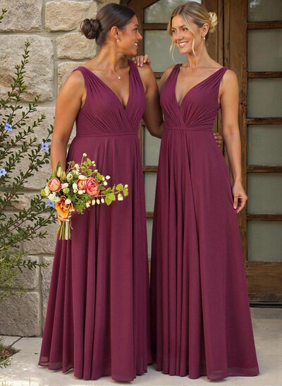 A-Line Plunge Neck Sleeveless Floor-Length Chiffon Bridesmaid Dresses