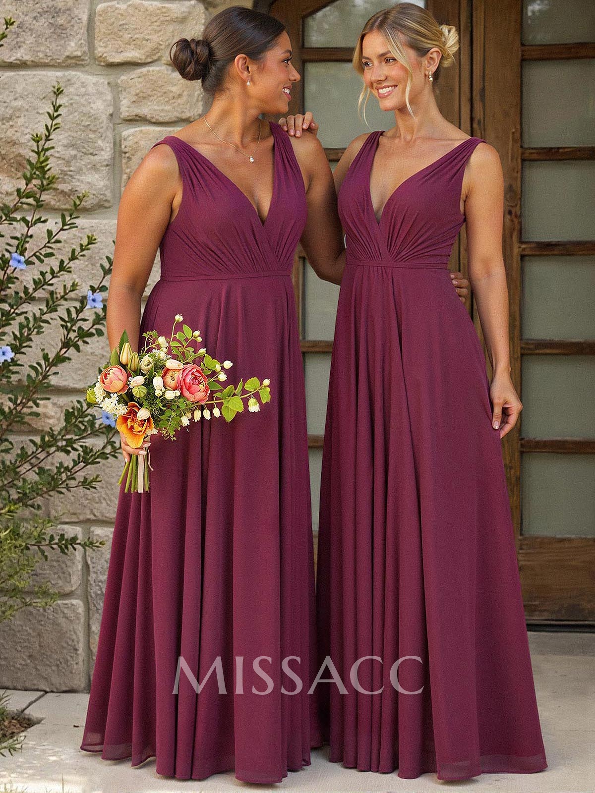 A-Line Plunge Neck Sleeveless Floor-Length Chiffon Bridesmaid Dresses A-Line Plunge Neck Sleeveless Floor-Length Chiffon Bridesmaid Dresses