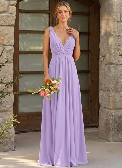 A-Line Plunge Neck Sleeveless Floor-Length Chiffon Bridesmaid Dresses