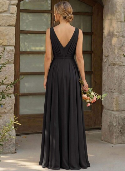 A-Line Plunge Neck Sleeveless Floor-Length Chiffon Bridesmaid Dresses