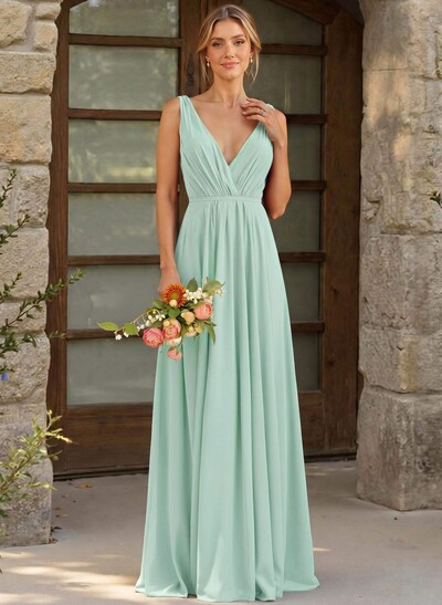A-Line Plunge Neck Sleeveless Floor-Length Chiffon Bridesmaid Dresses