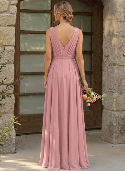 A-Line Plunge Neck Sleeveless Floor-Length Chiffon Bridesmaid Dresses