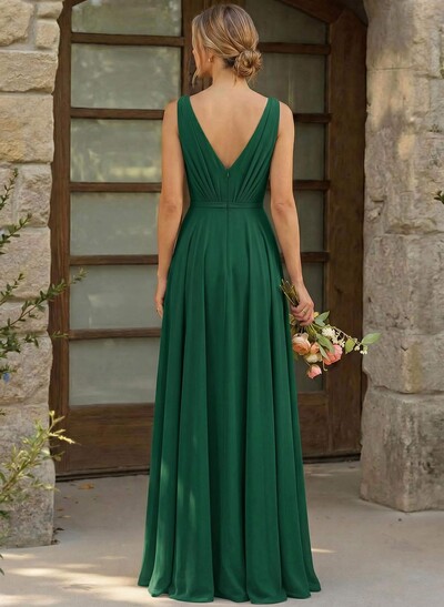A-Line Plunge Neck Sleeveless Floor-Length Chiffon Bridesmaid Dresses