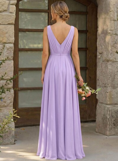 A-Line Plunge Neck Sleeveless Floor-Length Chiffon Bridesmaid Dresses