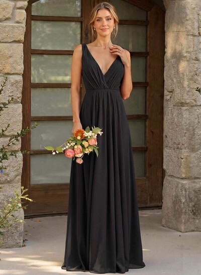 A-Line Plunge Neck Sleeveless Floor-Length Chiffon Bridesmaid Dresses