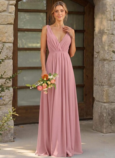 A-Line Plunge Neck Sleeveless Floor-Length Chiffon Bridesmaid Dresses