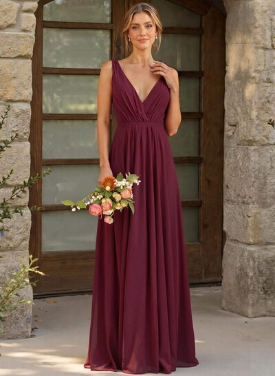 A-Line Plunge Neck Sleeveless Floor-Length Chiffon Bridesmaid Dresses