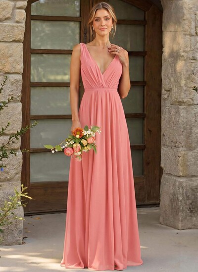 A-Line Plunge Neck Sleeveless Floor-Length Chiffon Bridesmaid Dresses