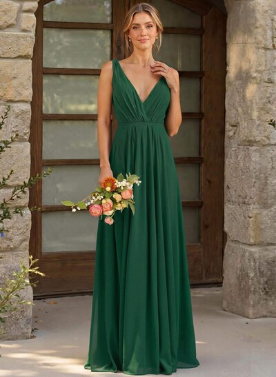 A-Line Plunge Neck Sleeveless Floor-Length Chiffon Bridesmaid Dresses