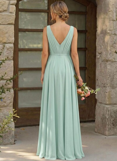 A-Line Plunge Neck Sleeveless Floor-Length Chiffon Bridesmaid Dresses