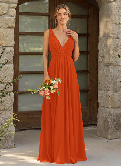 A-Line Plunge Neck Sleeveless Floor-Length Chiffon Bridesmaid Dresses