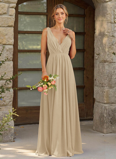 A-Line Plunge Neck Sleeveless Floor-Length Chiffon Bridesmaid Dresses