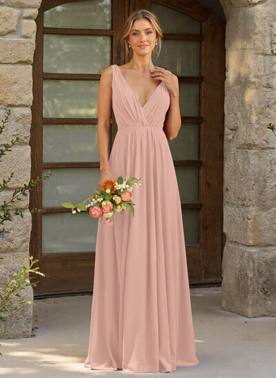 A-Line Plunge Neck Sleeveless Floor-Length Chiffon Bridesmaid Dresses