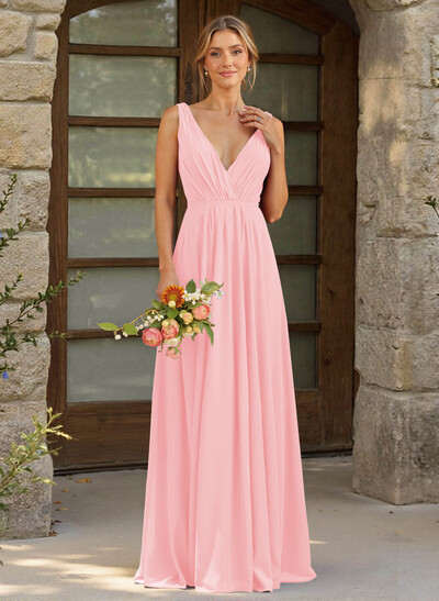 A-Line Plunge Neck Sleeveless Floor-Length Chiffon Bridesmaid Dresses