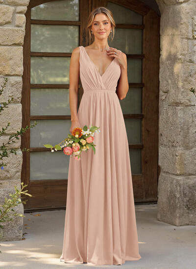 A-Line Plunge Neck Sleeveless Floor-Length Chiffon Bridesmaid Dresses