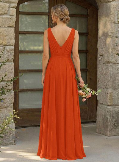 A-Line Plunge Neck Sleeveless Floor-Length Chiffon Bridesmaid Dresses