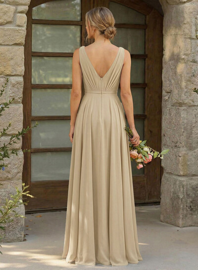 A-Line Plunge Neck Sleeveless Floor-Length Chiffon Bridesmaid Dresses