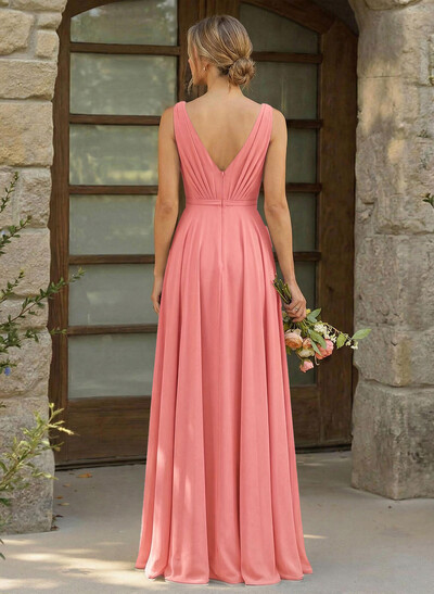 A-Line Plunge Neck Sleeveless Floor-Length Chiffon Bridesmaid Dresses