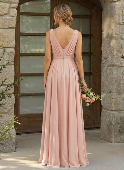 A-Line Plunge Neck Sleeveless Floor-Length Chiffon Bridesmaid Dresses